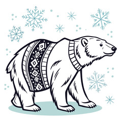 Black and White Outline Drawing of a Polar Bear in a Winter Sweater.