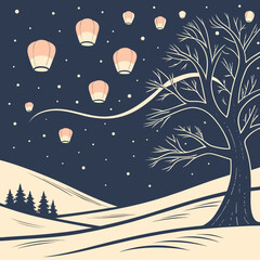 Winter Night with Sky Lanterns and Tree