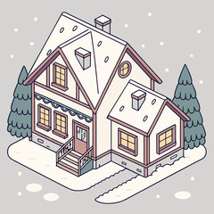 Isometric View of Cozy Christmas House Covered in Snow
