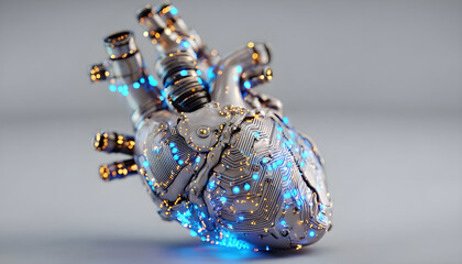 A futuristic metallic robotic heart embedded with circuitry and glowing blue LEDs