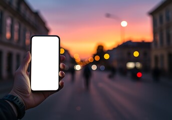 Holding smartphone with blank screen against blurred city street at sunset with bokeh lights background