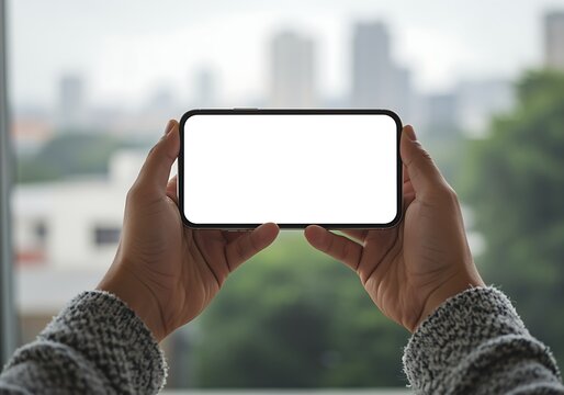 Hands holding a smartphone with a blank white screen horizontally, city skyline blurred in background