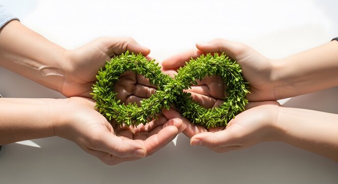 Generational hands holding an infinity-shaped wreath of green leaves, symbolizing cyclical sustainability, ecological renewal, continuous environmental protection, and hope.