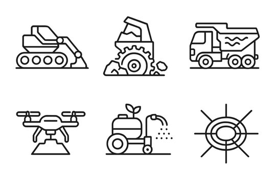 Surface Engineering Tools. Line style icons of surface engineering tools: robotic ground flattener, rock crusher gear, regolith