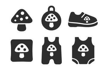 Children's Fungus Apparel Icons. Solid style icons of children’s living fungus apparel: tiny mushroom hat icon, playful spore