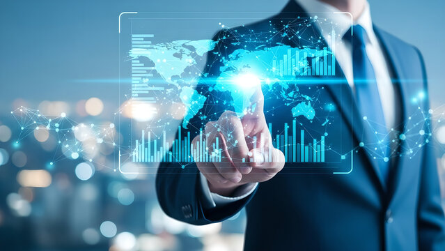 Businessman interacting with a futuristic holographic global financial data display and charts
