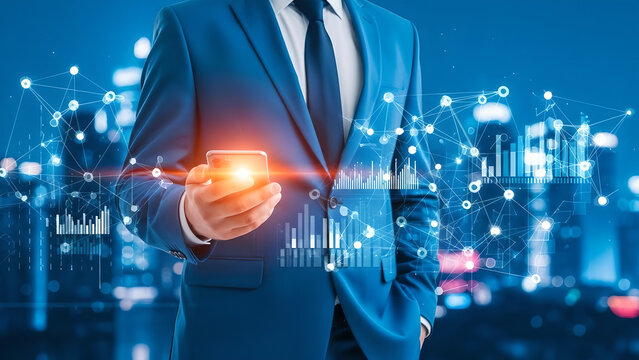 Businessman holding a glowing smartphone with futuristic city lights and data overlays