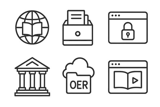 OER Icons Compilation. Line style icons of OER platforms and repositories: global repository icon, online archive symbol, open