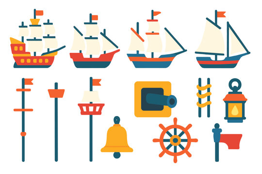 Traditional Sailing Ship Icons. Flat vector icons of traditional sailing ships: galleon, clipper, caravel, schooner, brigantine,