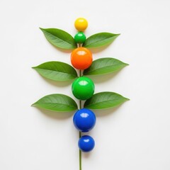 Colorful beaded plant stem with green leaves on white background