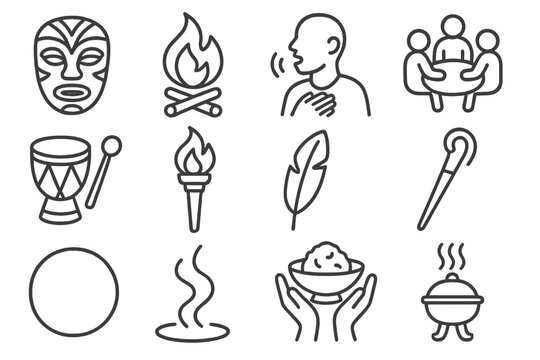 Ceremonial Icons Collection. Line style icons of Traditional Ceremony: Mask, Sacred Fire, Chant, Community Gathering; Drum, Torch,