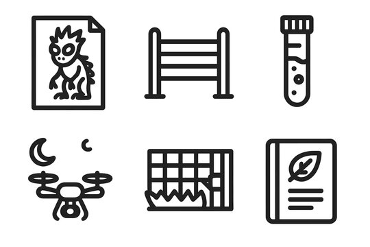 Cryptid Research Icons. Line style icons of Cryptid Research: Chupacabra print, livestock fence, blood sample vial, night drone,