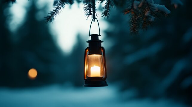 A cozy warm lantern casts a gentle glow, illuminating a beautiful snowy branch amidst a peaceful winter landscape - Powered by Adobe
