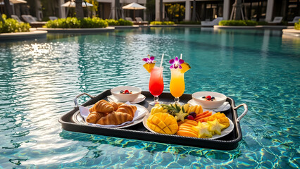 Obraz premium Indulge in a Luxurious Poolside Breakfast with Tropical Fruits and Refreshing Cocktails for the Ultimate Vacation Escape and Relaxation