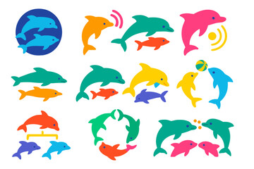 Naklejka premium Dolphin Social Behavior Icons. Flat vector icons of dolphin social behavior: dolphin pod, vocalization icon, echolocation pulse,