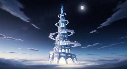 Fototapeta premium Majestic Fantasy Tower Reaching for the Moonlit Sky.