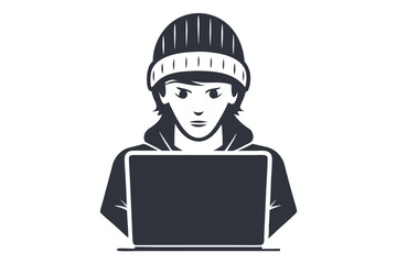 Serious character types on the computer, which is being used in a dark tone