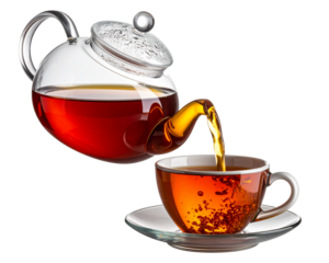 A transparent glass teapot tilted forward, streaming hot amber tea into a simple cera 