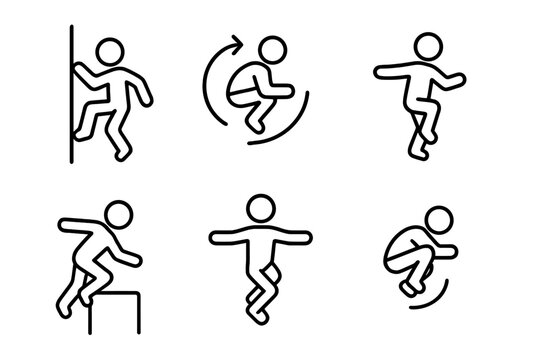 Trick Icons Showcase. Line style icons of unique tricks: wallride turn, spin jump form, one-foot land, obstacle vault pose,