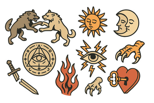 Tattoo Symbol Set. Isometric vector illustration set of Tattoo symbolism: two wolves fighting, sun and moon pair, heart and key.