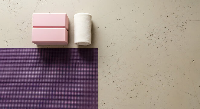 A top down view of a purple yoga mat pink blocks and a white towel on a textured beige surface ai generated