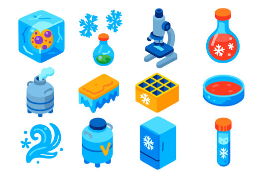 Cryobiology Icons Set. Isometric vector illustration set Cryobiology: ice-encased cell, snowflake crystals, compound microscope,