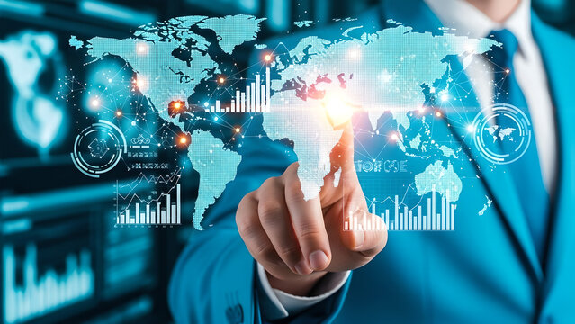 Businessman touching a futuristic digital world map with glowing data and charts