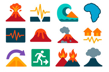 Ring of Fire Icons. Flat vector icons of ring of fire seismic activity: erupting volcano, earthquake wave, tsunami icon, Pacific