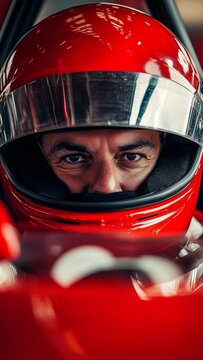 Close-up of a focused pilo driver in a red racing ca preparing for a race