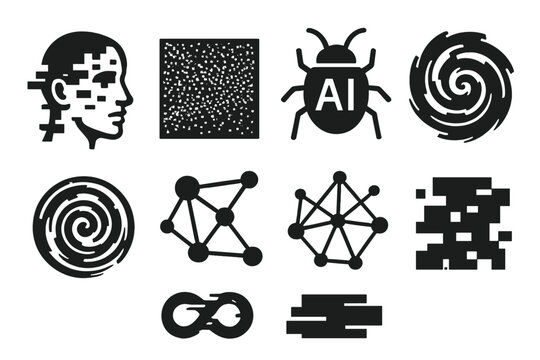 Glitch Icon Aesthetics. Solid style icons of glitch and generative aesthetics: fragmented face tattoo, noise map overlay, AI bug