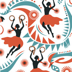Dancers with tambourines in silhouette, red skirts, festive motion, abstract background, cultural celebration theme, flat vector illustration