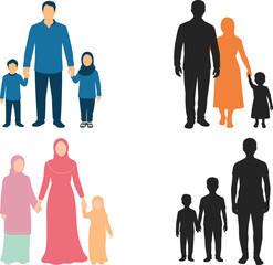 Family group illustration set, cultural diversity, adults and children, traditional attire, silhouette and color styles, flat vector illustration