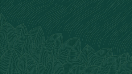 A dark green background featuring a pattern of stylized leaves and curved lines in a lighter green hue