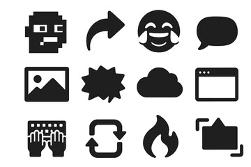 Internet Meme Icons. Solid style icons of internet memes as cultural units: pixelated face, share arrow, viral post icon, laughing