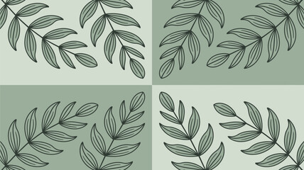 Four quadrants with hand drawn leaves in corners on a gradient green background creating a pattern