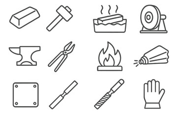 Fototapeta premium Blacksmith Craft Icons. Line style icons of Blacksmith Craft: Steel Ingot, Hammer, Water Quench, Grinding Wheel; Anvil, Tongs,