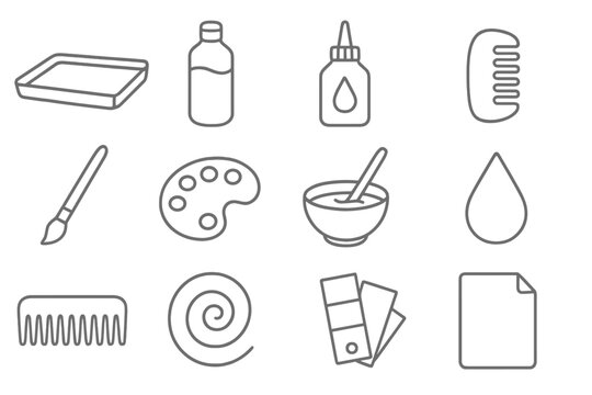 Pattern Making Icons. Line style icons of Pattern Making: Tray, Carrageenan Solution, Paint, Comb Pattern; Brush, Palette, Mixing