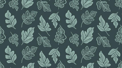 A seamless pattern of stylized light blue leaves on a dark teal background with a hand drawn feel to it
