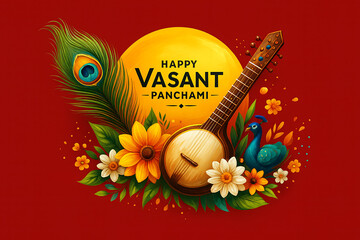 Happy vasant panchami saraswati puja greeting card with a veena musical instrument peacock feather yellow flowers and a small peacock on a vibrant red background decoration vector