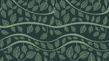 A seamless pattern featuring stylized leaves and branches in shades of green and dark teal color scheme