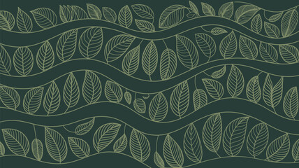 A seamless pattern of stylized leaves arranged between wavy lines on a dark green background design art