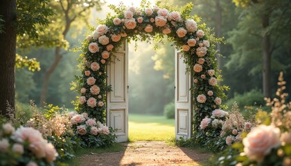 Garden wedding arch entrance with white vintage doors and abundant blush roses. Greenery covers the archway, leading to a sunlit lawn. Outdoor ceremony setup creates romantic pathway.