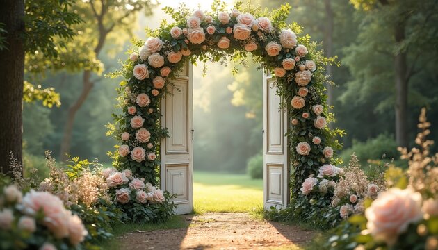 Garden wedding arch entrance with white vintage doors and abundant blush roses. Greenery covers the archway, leading to a sunlit lawn. Outdoor ceremony setup creates romantic pathway.