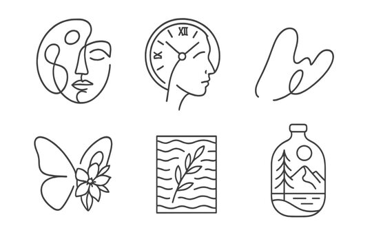 Creative Tattoo Icons. Line style icons of creative fusion tattoos: abstract rework art, past-present blend, name to shape morph,