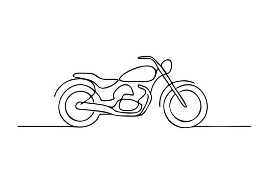 A single continuous line drawing of a classic motorcycle, featuring a minimalist chopper-style design on a clean white background, symbolizing freedom and travel.