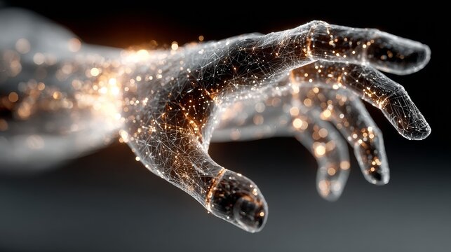 Dynamic AI hand reaching out with glowing neural network connections and bright light particles, symbolizing innovation and future technology