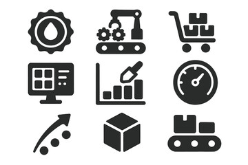 Small-Batch Production Icons. Solid style icons of small-batch production: limited series badge, short run assembly icon, batch