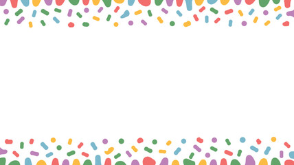 A white background with a border of colorful sprinkles and rounded shapes at the top and bottom edge