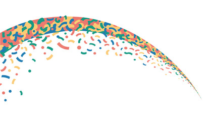 An abstract arc of colorful confetti on a white background creating a festive and celebratory feel