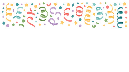 A festive border with colorful confetti, streamers, and stars scattered across the top of a white background